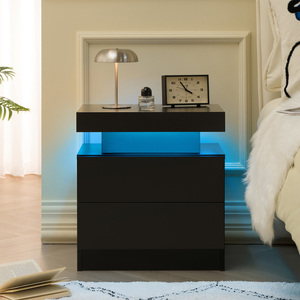Nightstand LED Bedside Table Cabinet with 2 Drawers Modern Storage for Bedroom Black