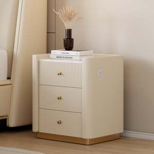 AJUNION Luxury 3 Fluted Drawers Nightstand Sintered Stone Top Fluted Faux Leather Wooden Bedside Table With Built-in USB Charge